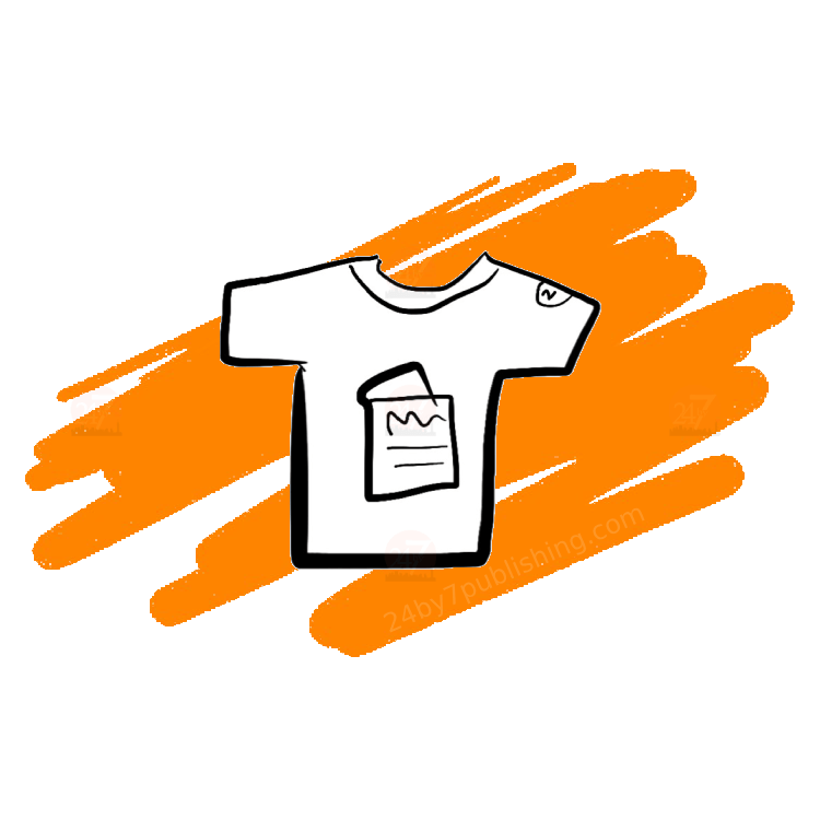 custom promotional T-shirts for authors, book cover printed T-shirts, author merchandise creation, book marketing T-shirt printing, 24by7 Publishing promotional products, T-shirt with book cover design, author branding merchandise, book promotion T-shirt service, custom T-shirts for book launch, creative book marketing merchandise