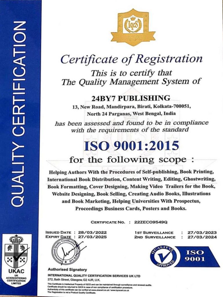 ISO certificate, ISO certified publishing company, 24by7Publishing, quality management certification, ISO 9001:2015, publishing industry standards, certified self publishing company, ISO compliance 2019–2022